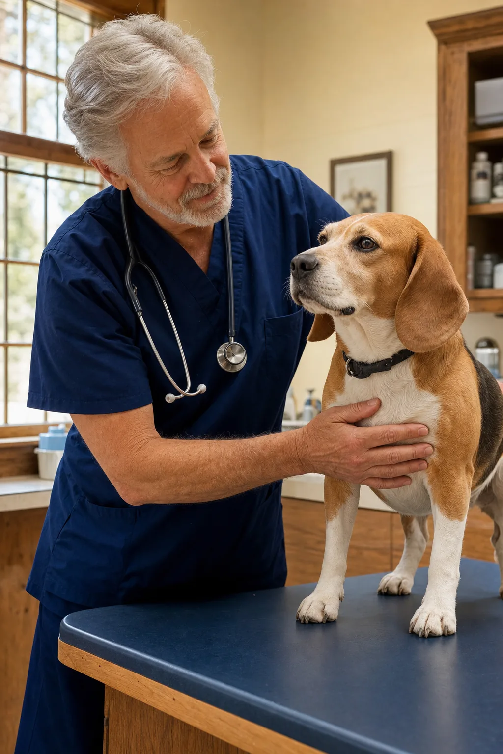 A veterinarian gently examining a beagle on the exam table