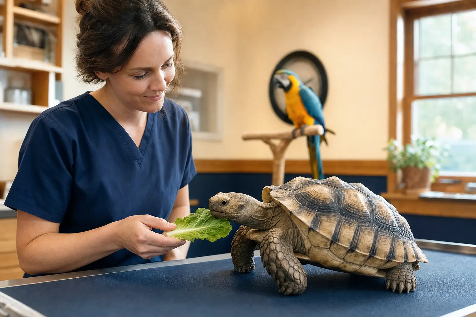 A veterinary team member feeding lettuce to a tortoise on the exam table