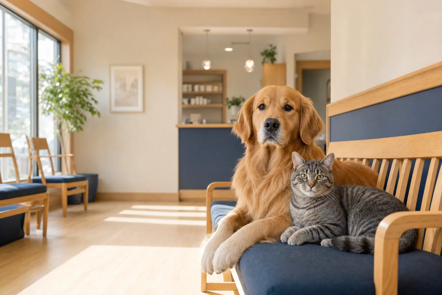 A golden retriever and a tabby cat sitting together in the clinic lobby