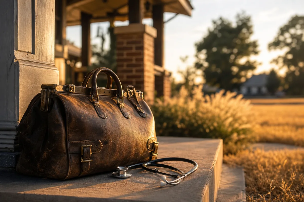A veterinarian's house-call bag and stethoscope on a front porch step