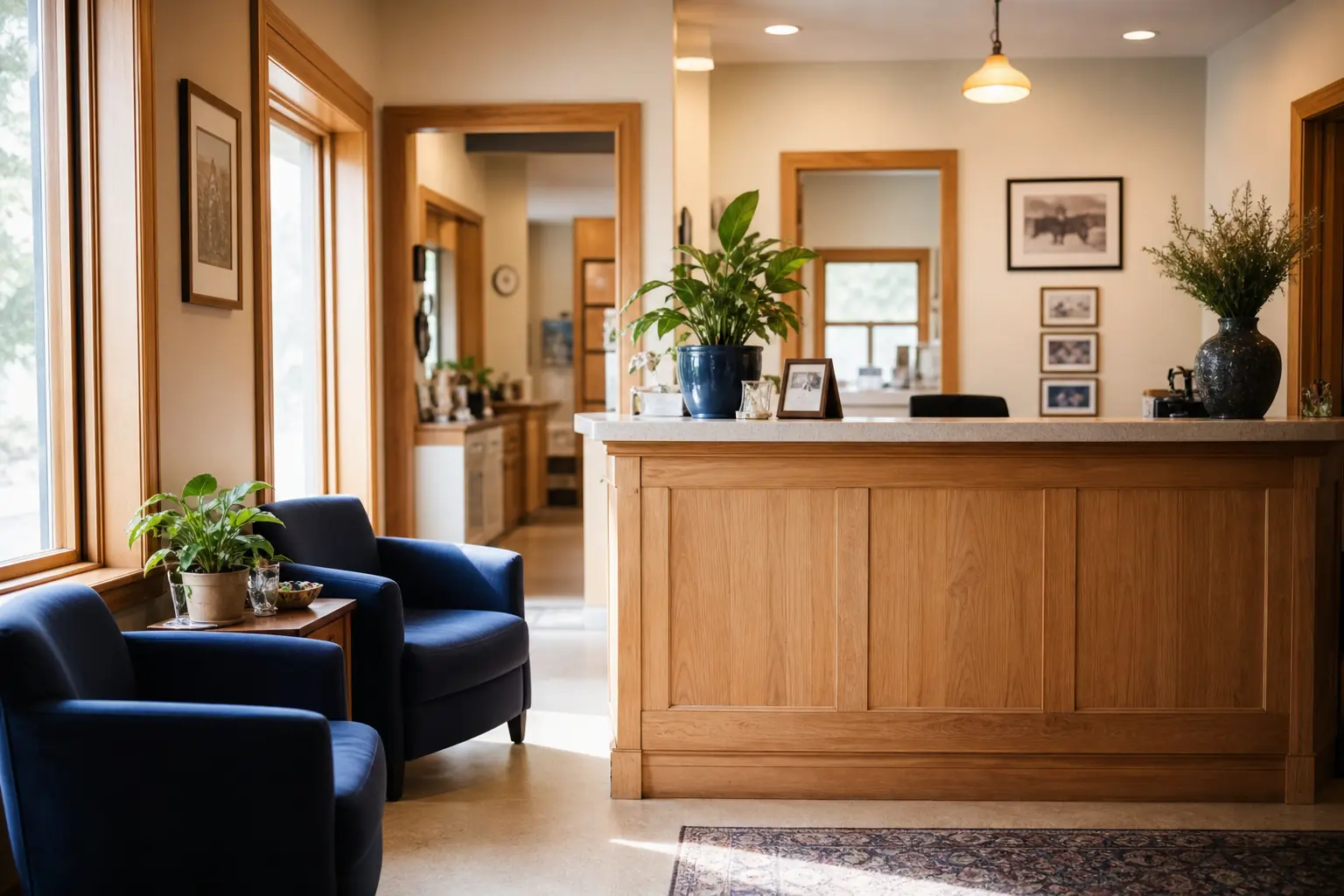 The welcoming reception area of a small-town veterinary clinic