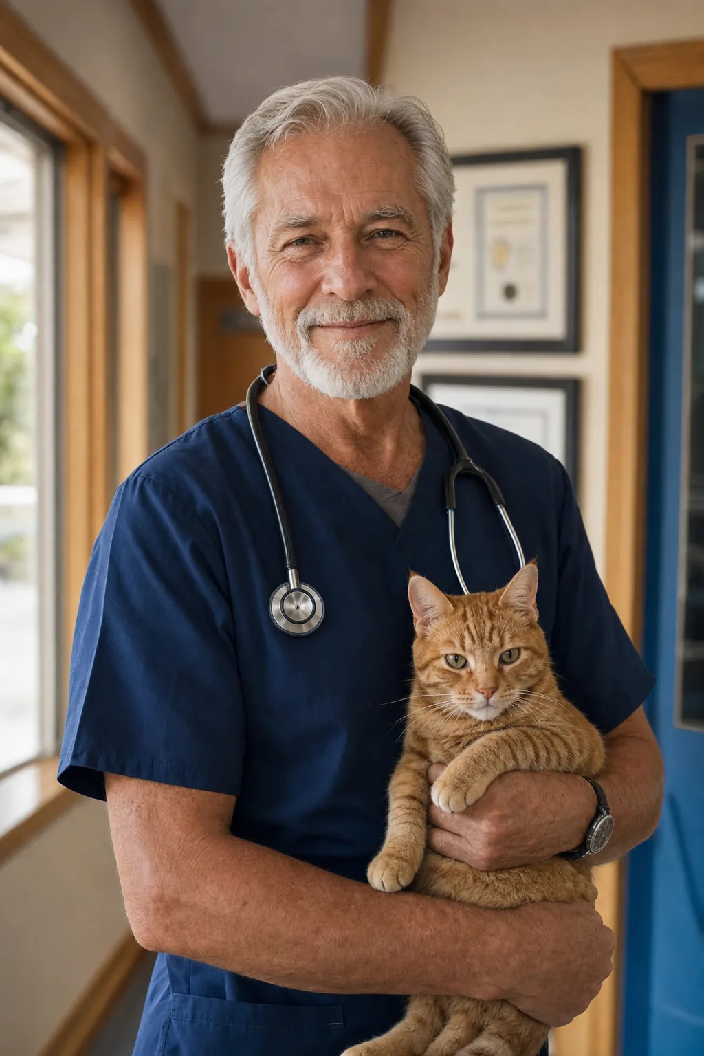 A senior veterinarian holding a tabby cat in the clinic hallway